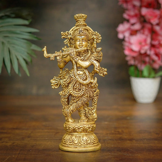Brass Krishna Playing Flute Weight 2.2 Kg And Height 9.5 Inch