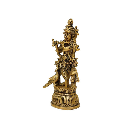 Brassaura® Lord Krishna Playing Flute Idol with Antique Finish | Pure Superfine Brass Handcrafted Murti | Brass Statue for Home Temple, Pooja Room, Spiritual Décor & Luxury Gifting | Height 6 Inches | Weight 0.5 Kg