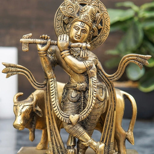Brass Cow & Krishna Weight 2.9 Kg And Height 9.5 Inch