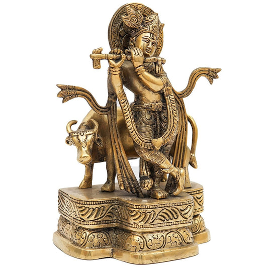 Brassaura® Lord Krishna Playing Flute Idol with Antique Finish | Pure Superfine Brass Handcrafted Murti | Brass Statue for Home Temple, Pooja Room, Spiritual Décor & Luxury Gifting | Height 9.5 Inches | Weight 2.9 Kg