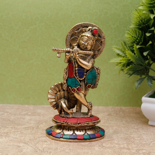 Brass Gem Stone Work Krishna Weight 0.9 Kg And Height 6 Inch