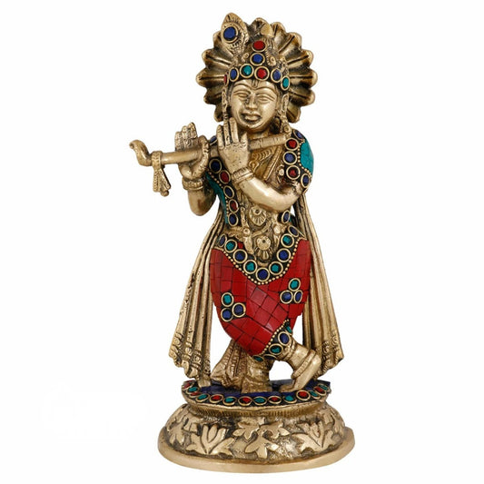 Brass Gem Stone Work Krishna Weight 1.2 Kg And Height 8 Inch