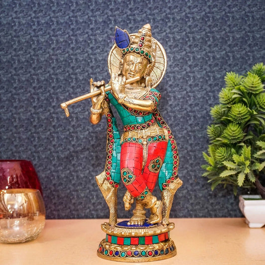 Brass Gem Stone Work Krishna Weight 2.5 Kg And Height 11 Inch