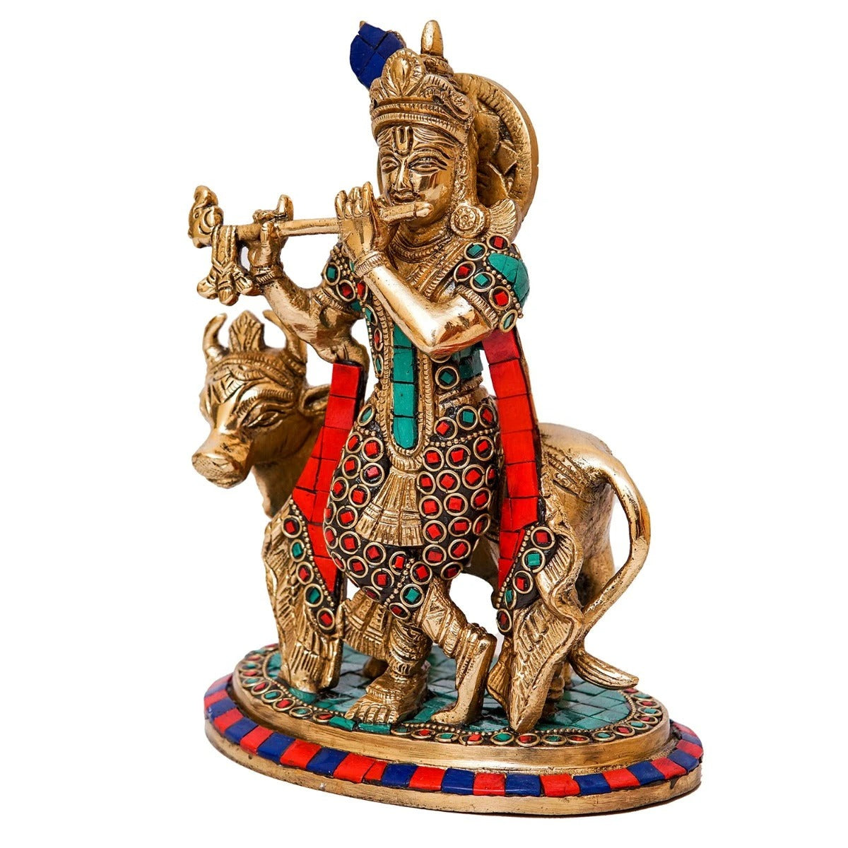Brass Gem Stone Work Cow & Krishna Weight 3 Kg And Height 8 Inch