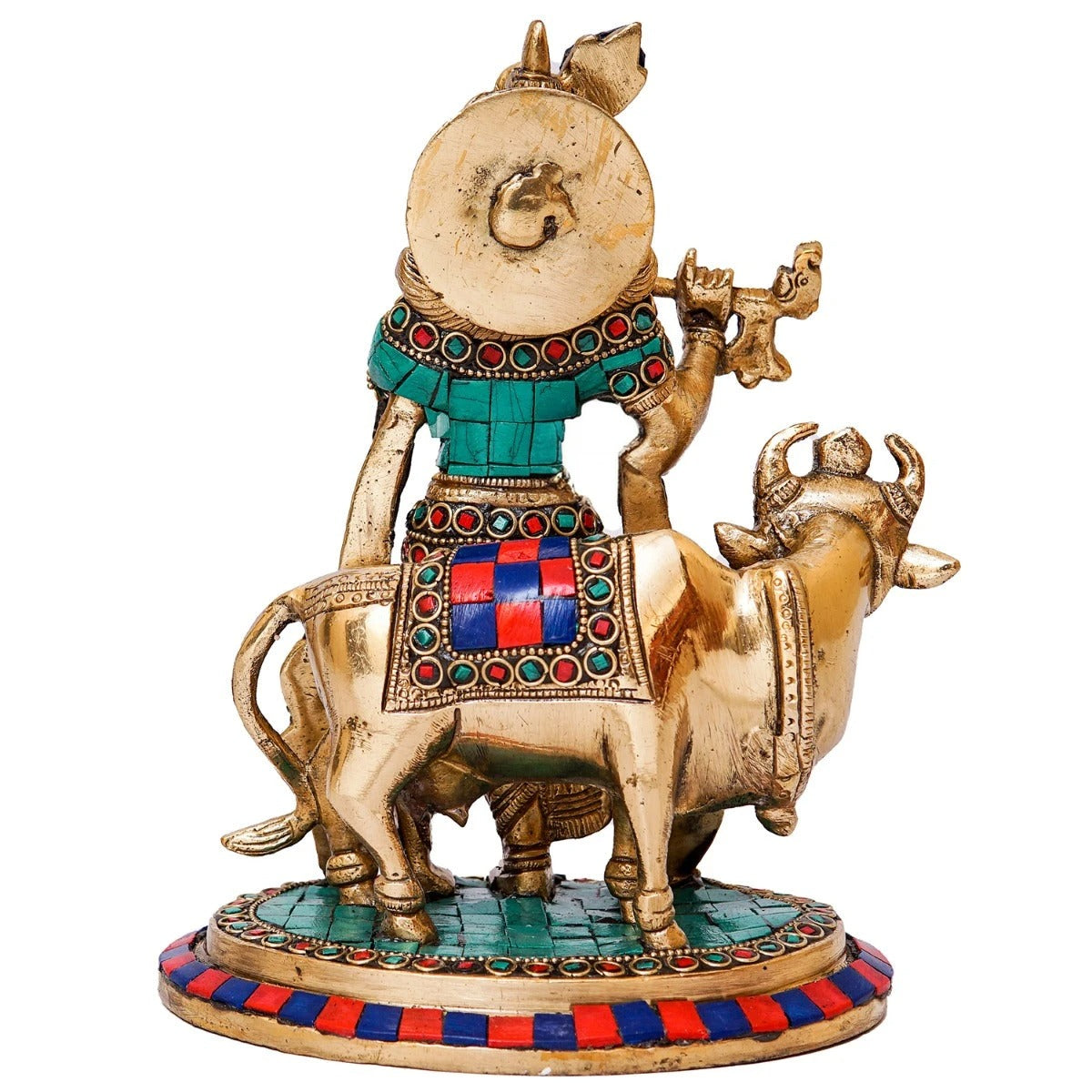 Brass Gem Stone Work Cow & Krishna Weight 3 Kg And Height 8 Inch