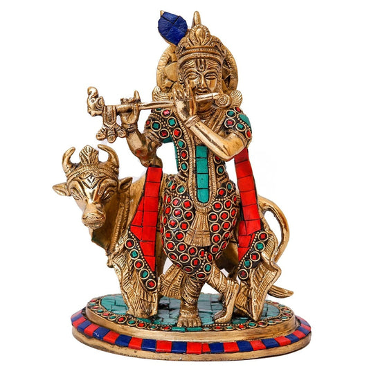 Brass Gem Stone Work Cow & Krishna Weight 3 Kg And Height 8 Inch
