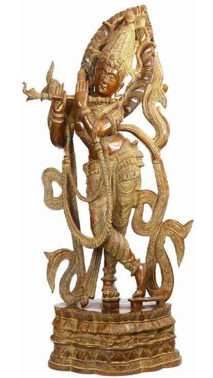 Brassaura® Lord Krishna Playing Flute Idol with Antique Finish | Pure Superfine Brass Handcrafted Murti | Brass Statue for Home Temple, Pooja Room, Spiritual Décor & Luxury Gifting | Height 34 Inches | Weight 29 Kg