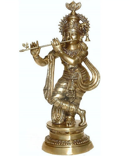 Brassaura® Lord Krishna Playing Flute Idol with Antique Finish | Pure Superfine Brass Handcrafted Murti | Brass Statue for Home Temple, Pooja Room, Spiritual Décor & Luxury Gifting | Height 36 Inches | Weight 22 Kg