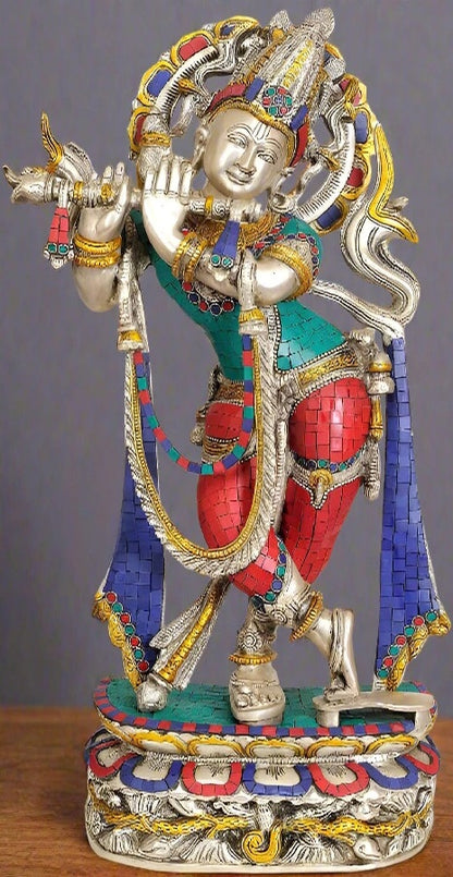 Brassaura® Lord Krishna Playing Flute Idol with Multi-Color Finish | Pure Superfine Brass Handcrafted Murti | Brass Statue for Home Temple, Pooja Room, Spiritual Décor & Luxury Gifting | Height 22.5 Inches | Weight 12 Kg