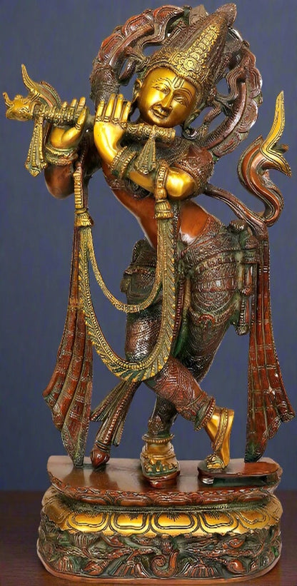 Brassaura® Lord Krishna Playing Flute Idol with Green Algae Finish | Pure Superfine Brass Handcrafted Murti | Brass Statue for Home Temple, Pooja Room, Spiritual Décor & Luxury Gifting | Height 22 Inches | Weight 12 Kg