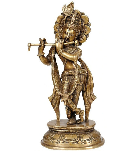 Brassaura® Lord Krishna Playing Flute Idol with Antique Finish | Pure Superfine Brass Handcrafted Murti | Brass Statue for Home Temple, Pooja Room, Spiritual Décor & Luxury Gifting | Height 11 Inches | Weight 2 Kg