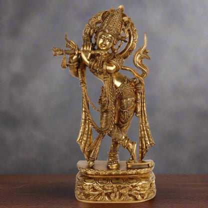 Brassaura® Lord Krishna Playing Flute Idol with Antique Finish | Pure Superfine Brass Handcrafted Murti | Brass Statue for Home Temple, Pooja Room, Spiritual Décor & Luxury Gifting | Height 35 Inches | Weight 19 Kg