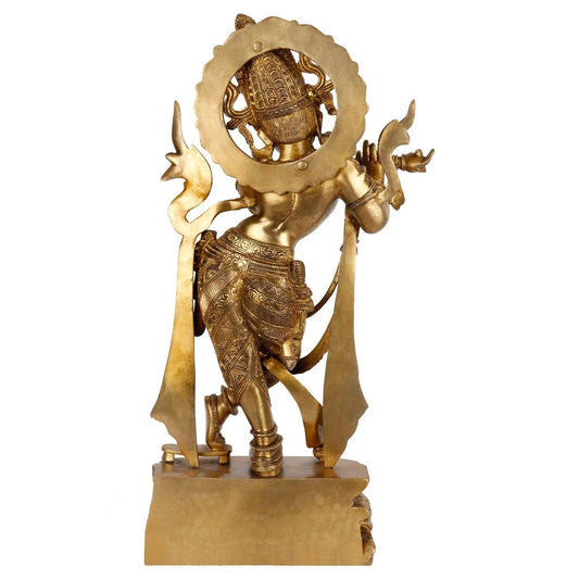 Brassaura® Lord Krishna Playing Flute Idol with Antique Finish | Pure Superfine Brass Handcrafted Murti | Brass Statue for Home Temple, Pooja Room, Spiritual Décor & Luxury Gifting | Height 23 Inches | Weight 11.5 Kg