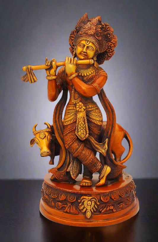 Brass Cow & Krishna Playing Flute Weight 4.3 Kg And Height 13 Inch