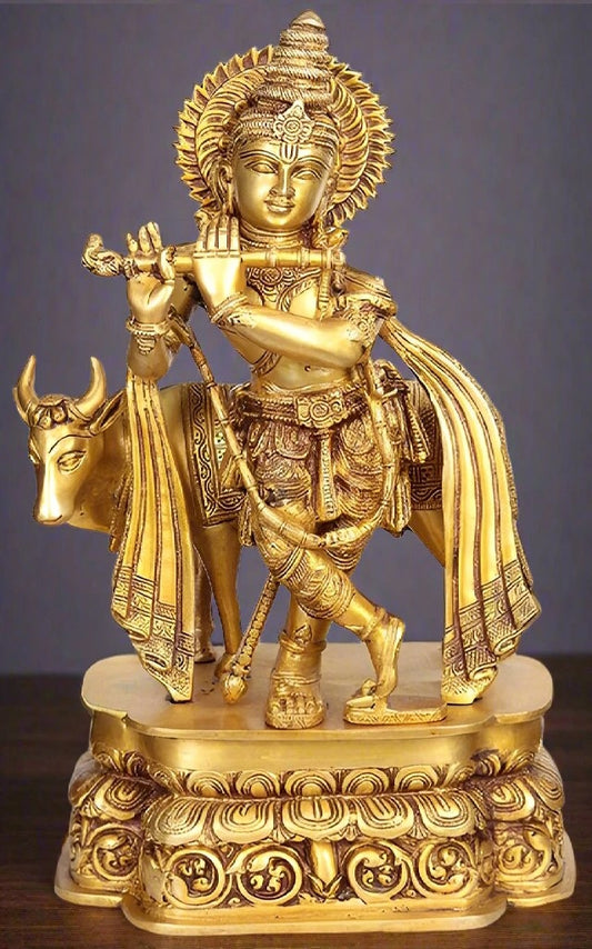 Brass Cow & Krishna Weight 16 Kg And Height 20 Inch