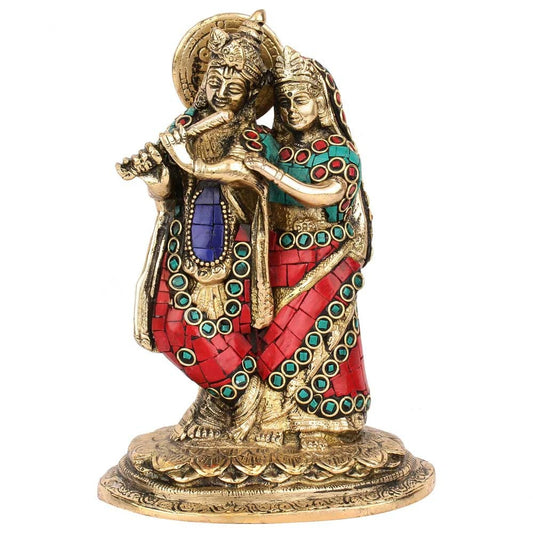 Brass Gem Stone Work Radha Krishna Murti Weight 1.8 Kg And Height 7.5 Inch