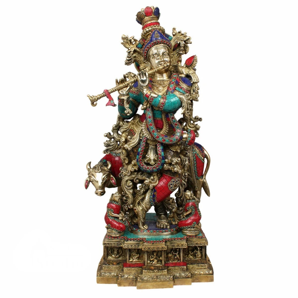 Brass Gem Stone Work Cow & Krishna Weight 36.5 Kg And Height 28 Inch