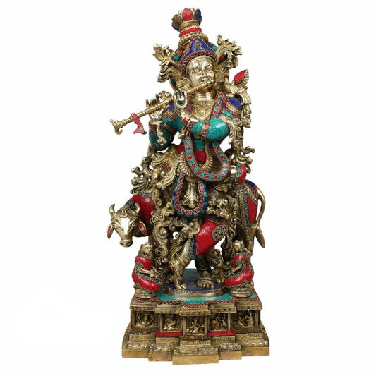 Brass Gem Stone Work Cow & Krishna Weight 36.5 Kg And Height 28 Inch