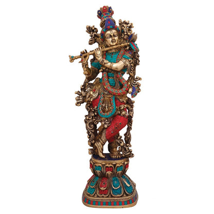 Brass Gem Stone Work Krishna Playing Flute Weight 25 Kg And Height 46 Inch