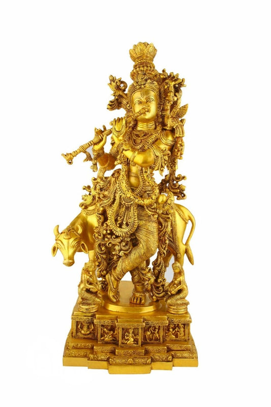 Brass Royal Golden Cow & Krishna Playing Flute Weight 36.5 Kg And Height 28 Inch