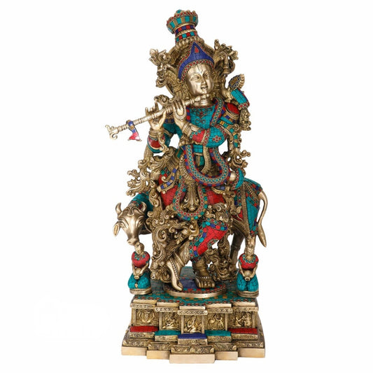 Brass Gem Stone Work Cow & Krishna Playing Flute Weight 36 Kg And Height 28 Inch