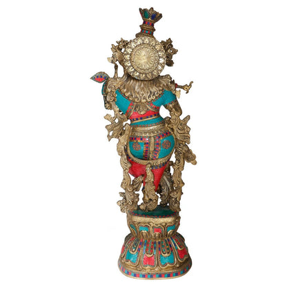 Brass Gem Stone Work Krishna Playing Flute Weight 25 Kg And Height 46 Inch