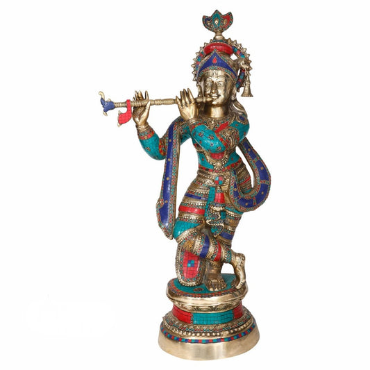 Brass Gem Stone Work Krishna Playing Flute Weight 27 Kg And Height 36 Inch