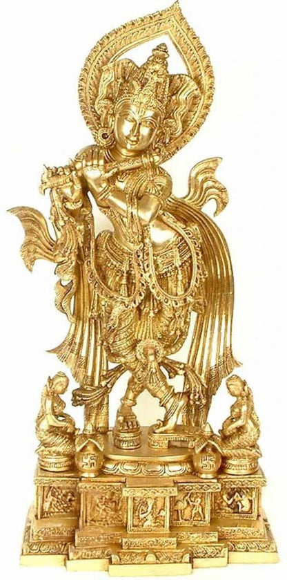 Brassaura® Lord Krishna Playing Flute Idol with Royal Golden Finish | Pure Superfine Brass Handcrafted Murti | Brass Statue for Home Temple, Pooja Room, Spiritual Décor & Luxury Gifting | Height 26 Inches | Weight 18 Kg