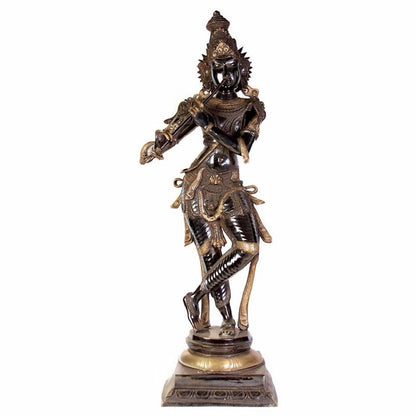 Brassaura® Lord Krishna Playing Flute Idol with Golden & Black Patina Finish | Pure Superfine Brass Handcrafted Murti | Brass Statue for Home Temple, Pooja Room, Spiritual Décor & Luxury Gifting | Height 34 Inches | Weight 20 Kg