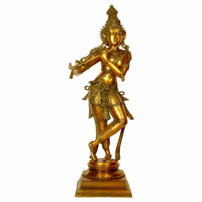 Brassaura® Lord Krishna Playing Flute Idol with Polished Finish | Pure Superfine Brass Handcrafted Murti | Brass Statue for Home Temple, Pooja Room, Spiritual Décor & Luxury Gifting | Height 35 Inches | Weight 20 Kg