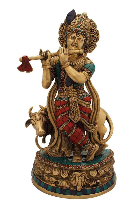 Brass Gem Stone Work Cow & Krishna Weight 4.5 Kg And Height 13 Inch