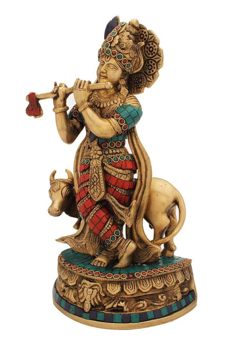 Brass Gem Stone Work Cow & Krishna Weight 4.5 Kg And Height 13 Inch