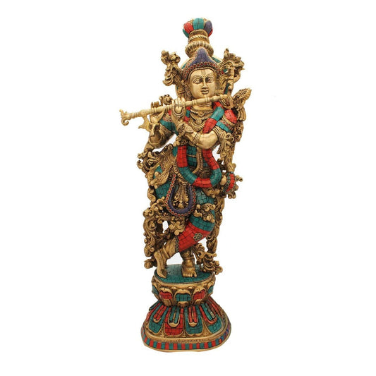 Brass Gem Stone Work Krishna Playing Flute Weight 16.5 Kg And Height 29 Inch