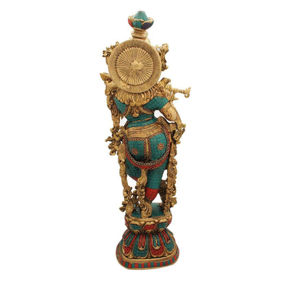 Brass Gem Stone Work Krishna Playing Flute Weight 16.5 Kg And Height 29 Inch