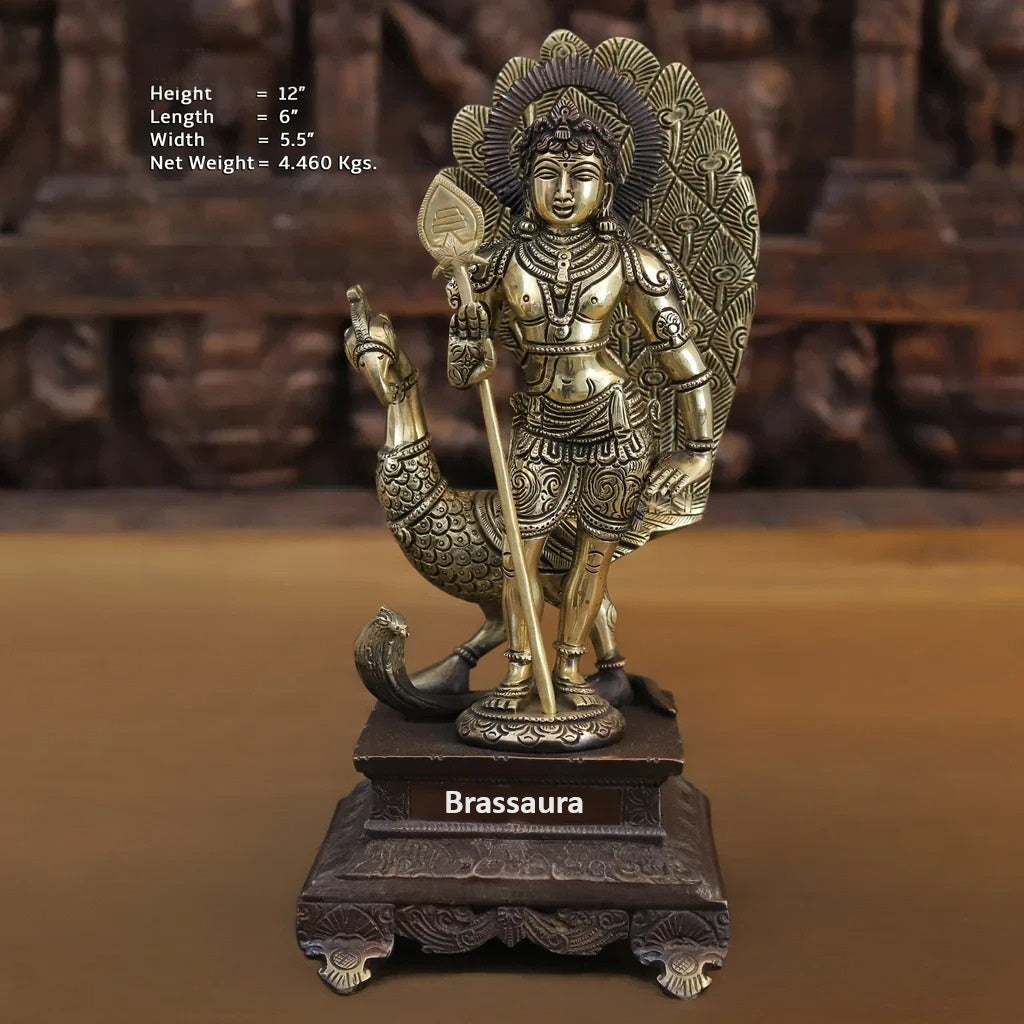 Brass Murugan With Peacock Statue Weight 4.46 Kg And Height 12 Inch