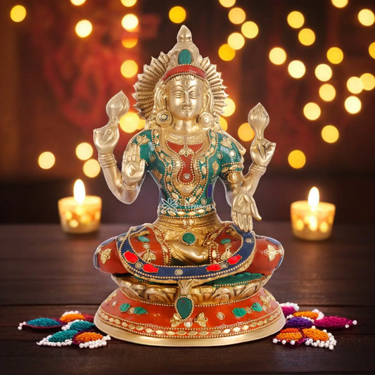 Brass Gem Stone Work Laxmi Mata for Home and Decor Height 9.3 Inches & Weight 3.5 Kgs