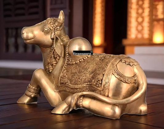Brassaura™ Handcrafted Brass Nandi Idol – Height 14.5 Inches & Weight 20 Kgs | Vintage Patina Finish