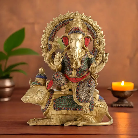 Brassaura™ Brass Ganesha on Big Mouse Statue with Meenakari Work & Natural Stones | Height 16 Inches & Weight 16 Kgs