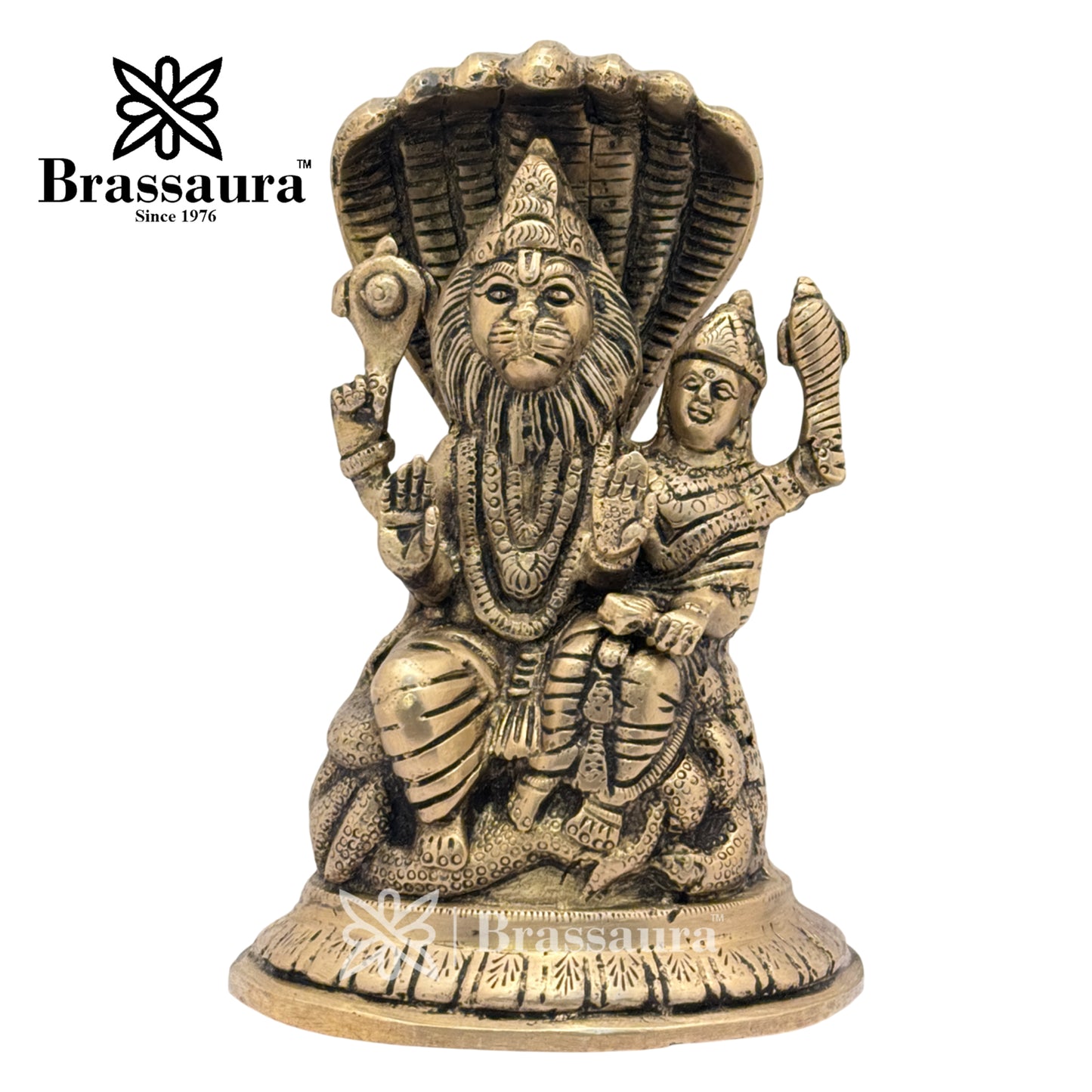 Brass Black Patina Work Narshimha laxmi and sheshnaag Idol for Home and Decor Weight 2 Kg Height 18 cm