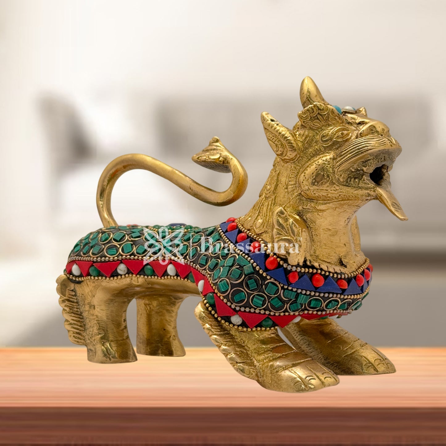 Brass Gem Stone Work Chinese Lion Idol for Home and Decor Weight 2 Kg Height 12 cm