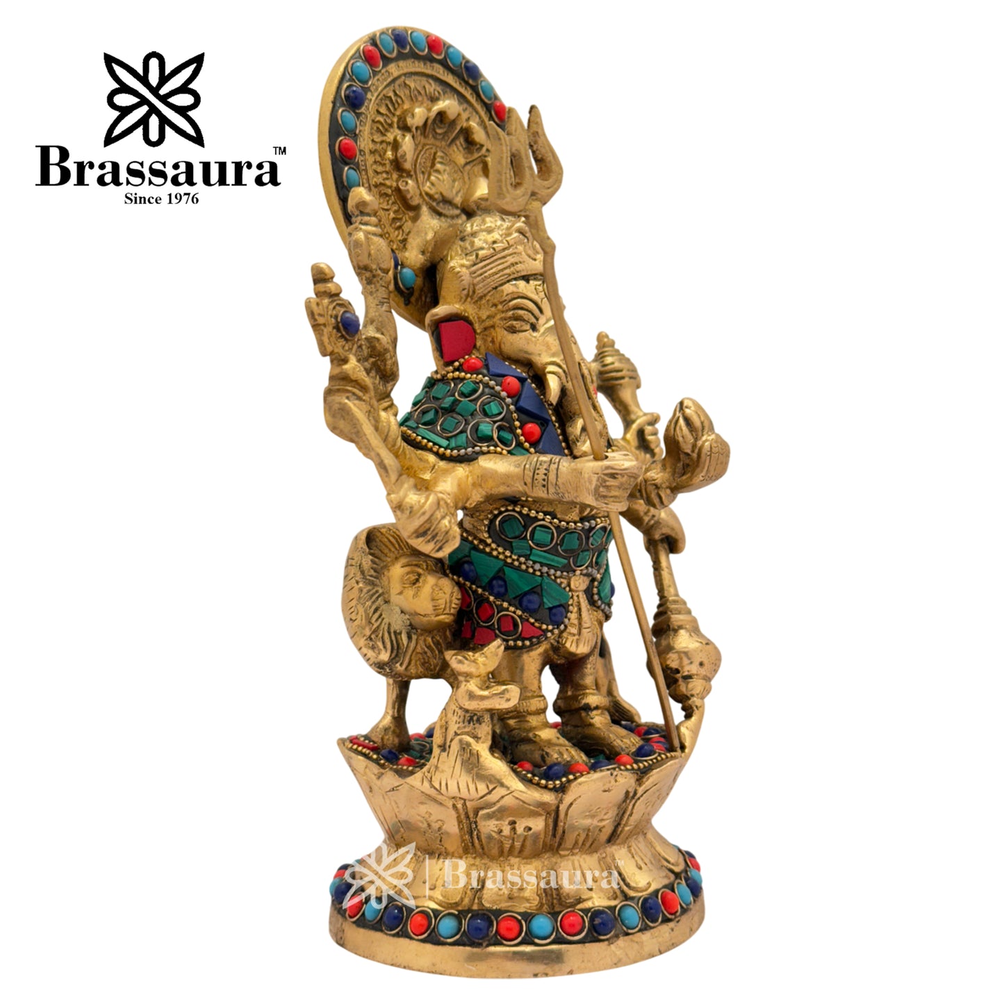 Brass Gem Stone Work Ganesha and Lion Idol for Home and Decor Weight 2.3 Kg Height 23 cm