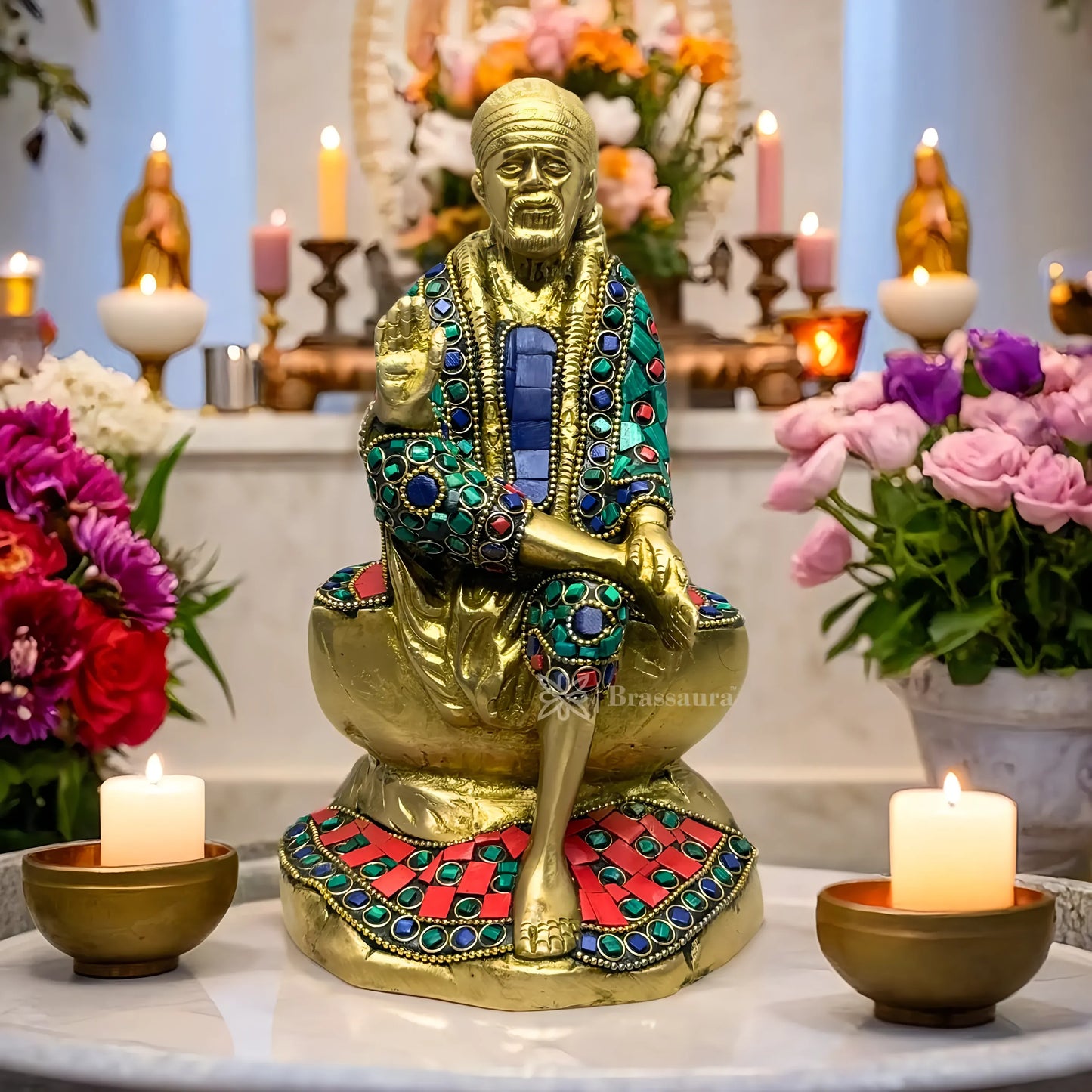 Brassaura™ Brass Gem Stone Work Sai Baba Idol – Height 9 Inches & Weight 2.4 Kgs | Royal Ensemble for Temple & Home Décor