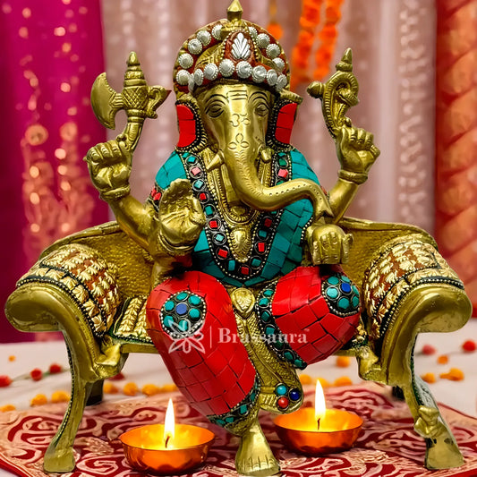 Brassaura™ Brass Multi Gem Stone Work Ganesha Murti – Height 9.4 inches & Weight 5.7 kgs | Ganpati Idol for Pooja & Home Décor