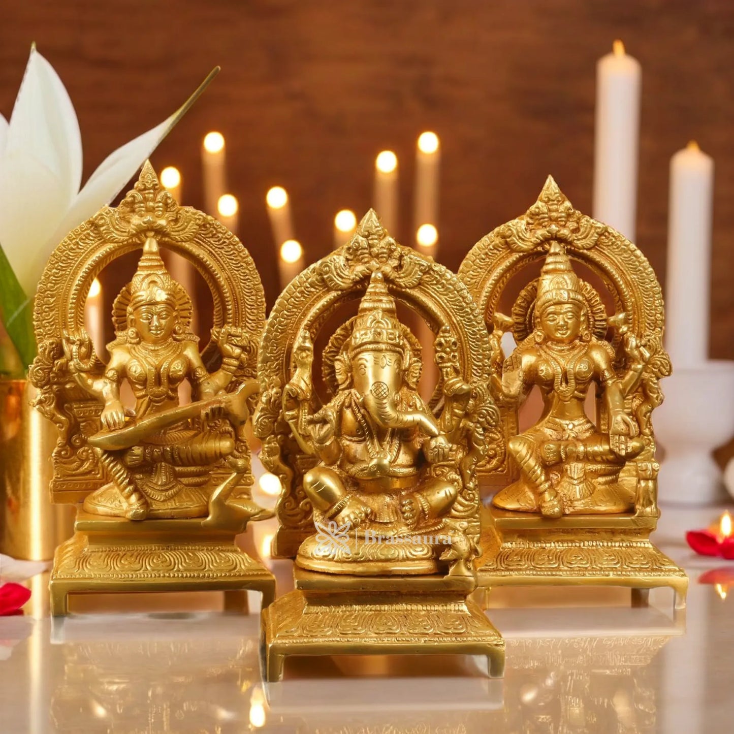 Brass Antique Laxmi Ganesha Saraswati Height 7 Inches & Weight 4.5 Kgs