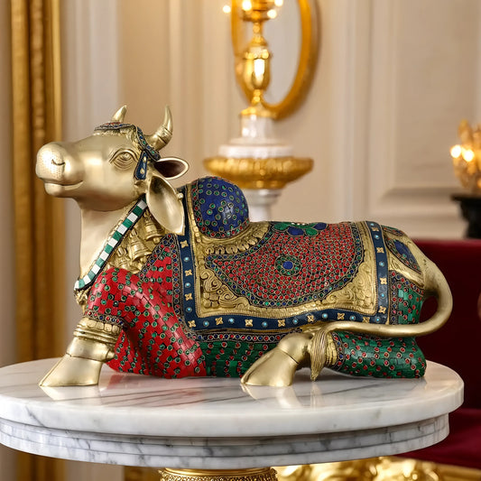 Brassaura™ Brass Nandi Statue with Stonework – Height 15 Inches & Weight 22.5 Kgs | Sacred Temple Décor