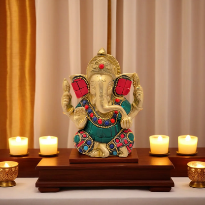 Brass Gem Stone Work Appu Ganesha Statue for Home Decor Weight 860 Gram Height 16 cm