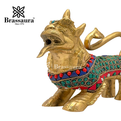 Brass Gem Stone Work Chinese Lion Idol for Home and Decor Weight 2 Kg Height 12 cm