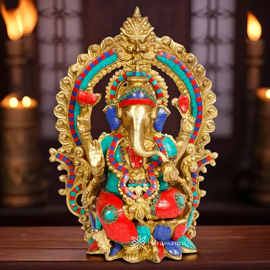 Brassaura™ Brass Gemstone Work Ganesha Murti – Height 16.14 inches | Weight 9 kgs
