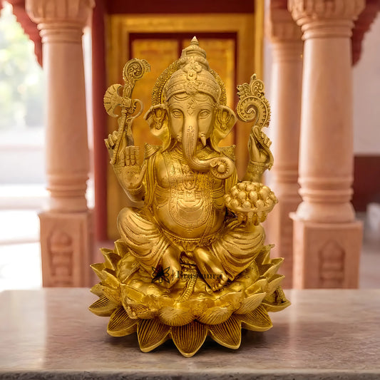 Brassaura™ Brass Lotus Ganesha Murti – Height 11.81 inches & Weight 8 kgs | Traditional Ganpati Murti for Home & Pooja Room