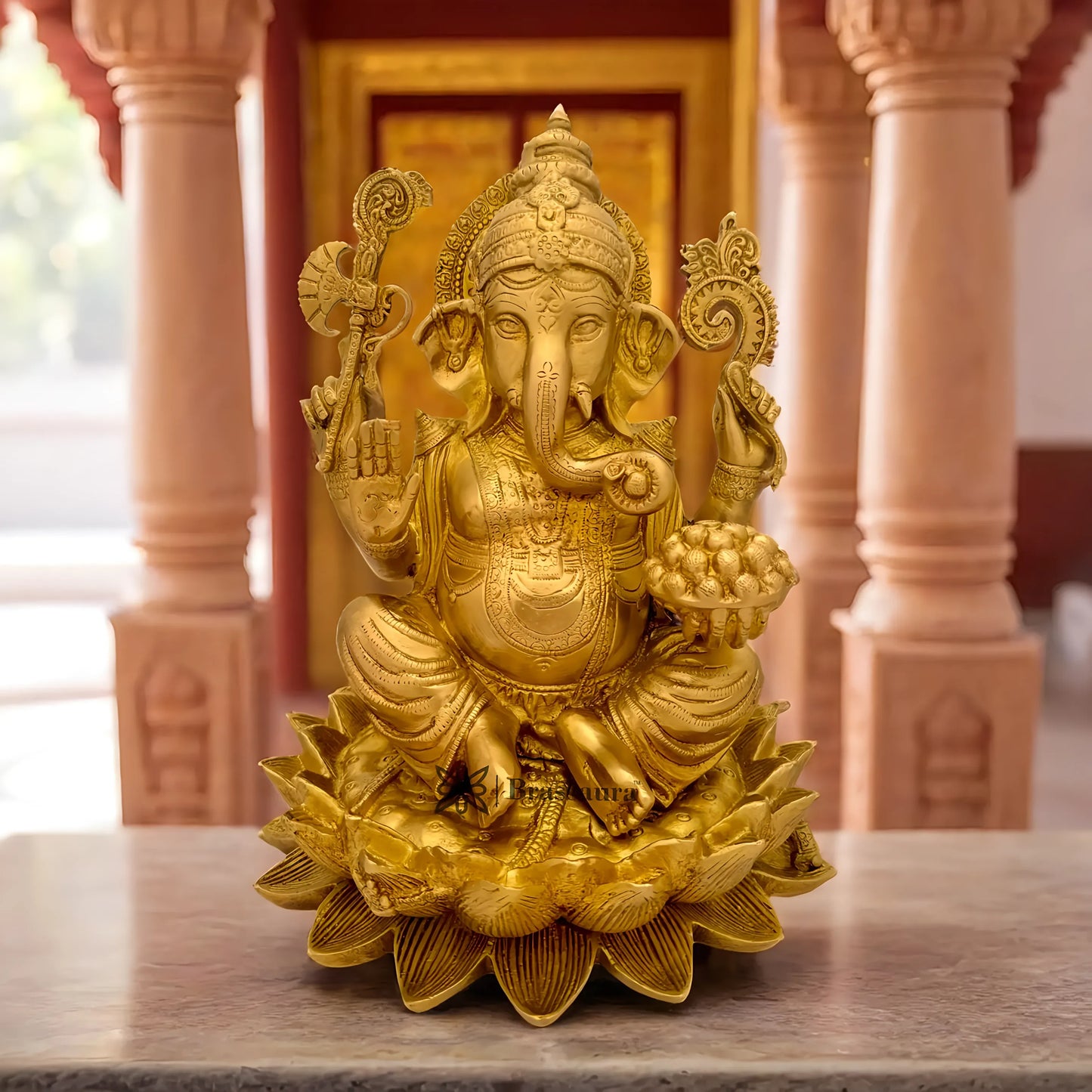 Brassaura™ Exquisite Brass Lotus Ganesha for Home & Temple Décor | Height 11.8 Inches & Weight 8 Kgs